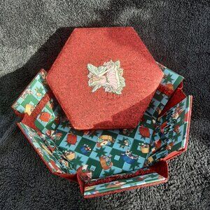 Handmade Sewing Case Box Basket, Fabric on Board, Fold Out 10"D x 5"H
